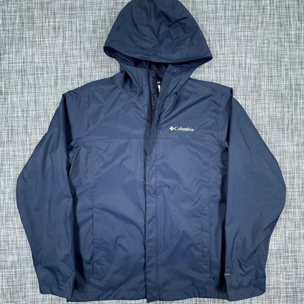 Columbia Men's Rain Jacket Omni-Tech Hooded Waterproof Shell Navy Blue Sz Medium